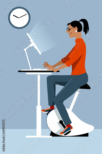 Young woman working at the office on the computer, using a stationary bicycle desk, EPS 8 vector illustration	