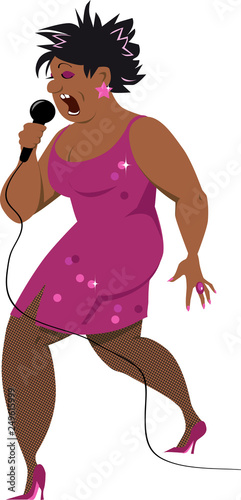 Black middle aged woman singing in a microphone, EPS 8 vector illustration