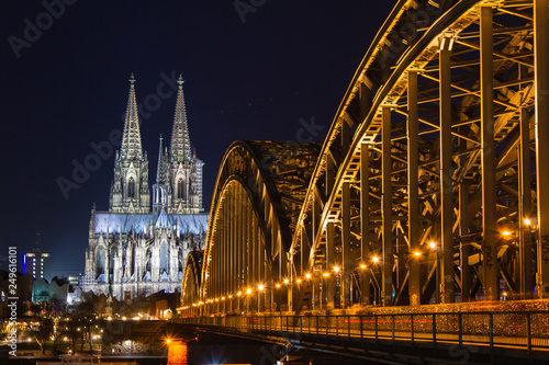 Cologne skyline with Cologne Cathedral and Hohenzollern bridge at night