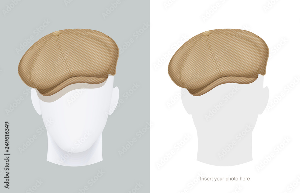 Vecteur Stock Flat Peaked cap at manikin. Classic head male hat at dummy.  Stylish tweed headgear at mannequin. Mens wear. View. Isolated white  background. Eps10 vector illustration. | Adobe Stock