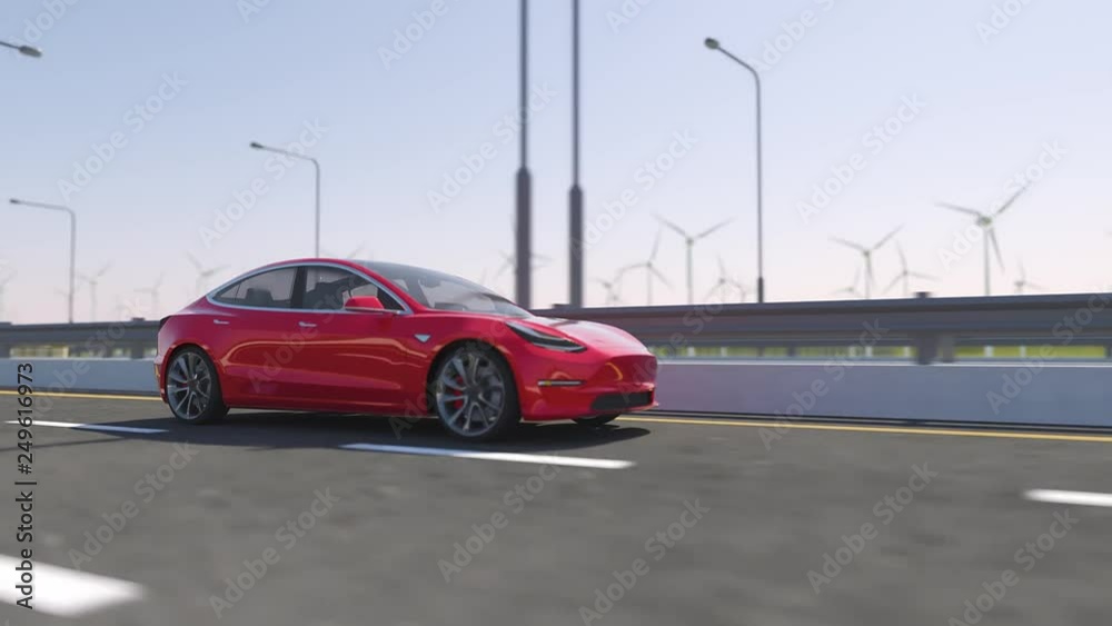 3d animation of an electric Tesla model 3 self driving on highway