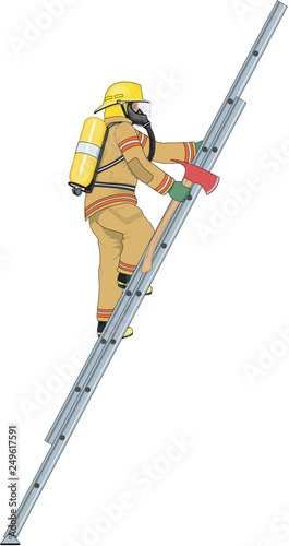 Firefighter Climbing Ladder Vector Illustration