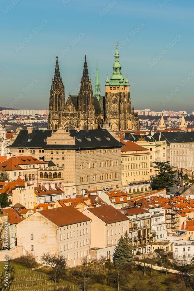 Prague, Czech republic / Europe - February 15 2019: View of Prague castle, St. Vitus Cathedral and historical buildings with red roofs, sunny evening, blue sky, vertical image