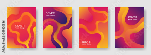 Gradient liquid shapes abstract covers vector set. Futuristic brochure backgrounds design. Flux paper cut effect blob elements pattern, fluid wavy shapes texture print. Cover layouts.