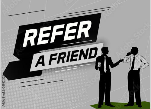 Refer a friend word concept vector illustration with character silhouette man people talking. landing page, template, ui, web, mobile app, poster, banner, flyer, business, marketing and advertising