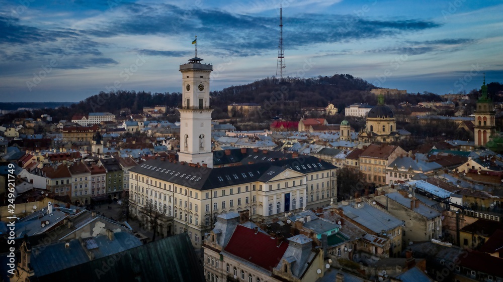 aerial view of sunset above european city Lviv in winter