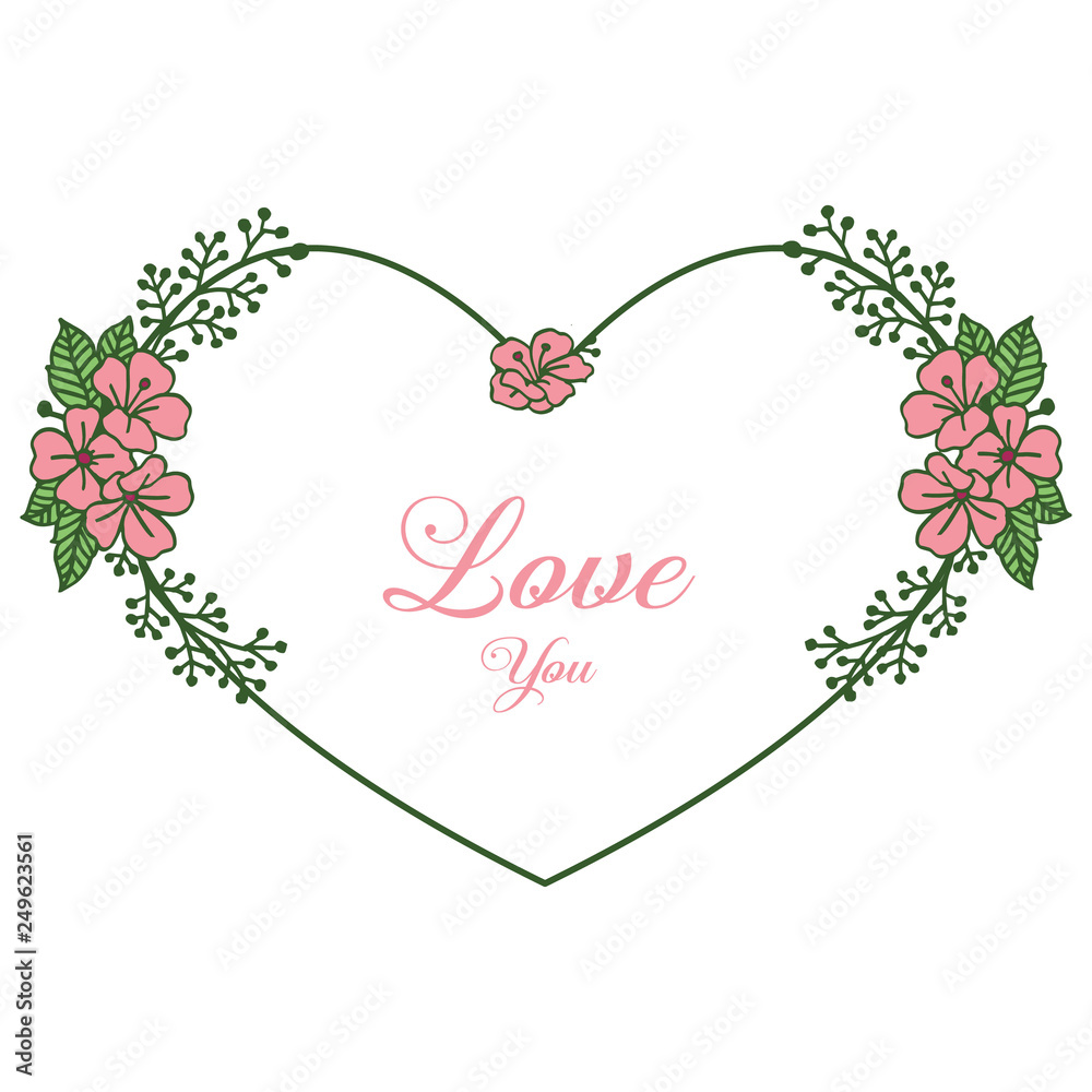 Vector illustration pink flower with lettering love you flat hand draw