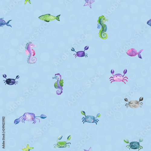 Watercolor Sea Life. Cute beautiful hand drawn  water color seamless pattern background