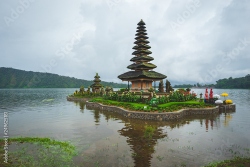 Cloudy but yet a beautiful view of Pura Ulun Danu Bratan, a Hindu temple on Bratan lake, Bali, Indonesia. 