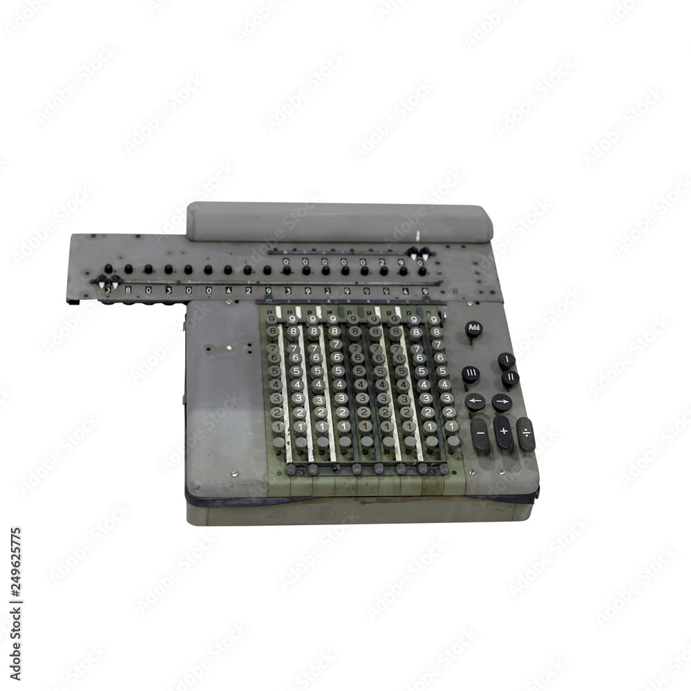 Old mechanical calculator isolated on white background. Old mechanical calculator isolated on white background.