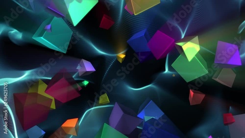 Psychedelic Colorful Rays Swirling Glowing Cubes Abstract Background Loop 1