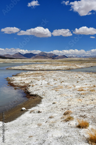 Strongly saline lake Ruldan (Nak) near the village of Yakra in Tibet, China