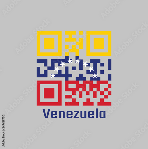 QR code set the color of Venezuela flag. yellow blue and red with an arc of eight white stars centered on the blue band.