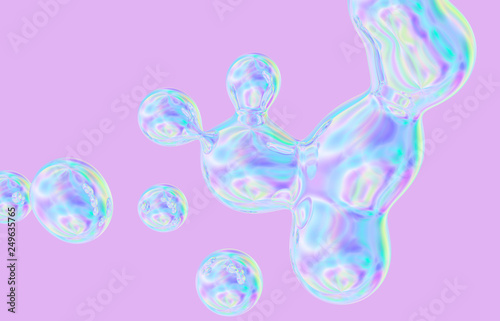 3D rendering. Abstract holographic floating liquid blobs, soap bubbles, metaballs.