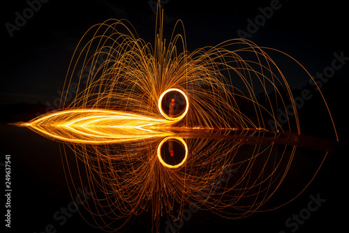 glowing sparks from spinning steel wool by human.