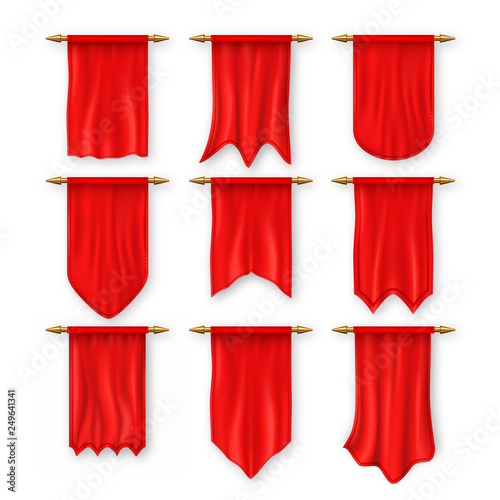 Pennat Flag Set Vector. Red Empty Template. Pennon Fabric Blank. Advertising Canvas Banner. Hanging Wall Pennat. Heraldic 3D Realistic Isolated Illustration