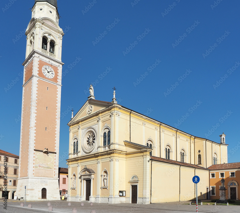 Breganze, Vicenza, Italy. The main church and the clock tower