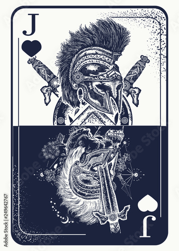 Joker playing card tattoo and t-shirt design. Spartan warrior. Gothic symbol of gamblings, tarot cards, success and defeat, casino, poker