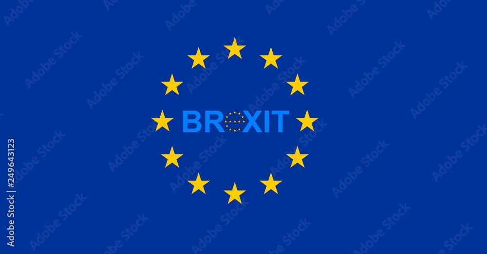 EU, UK. Illustration with blue background banner. Poster of the separation of the United Kingdom from the European Union. BREXIT concept with the letter E of stars of the Union.