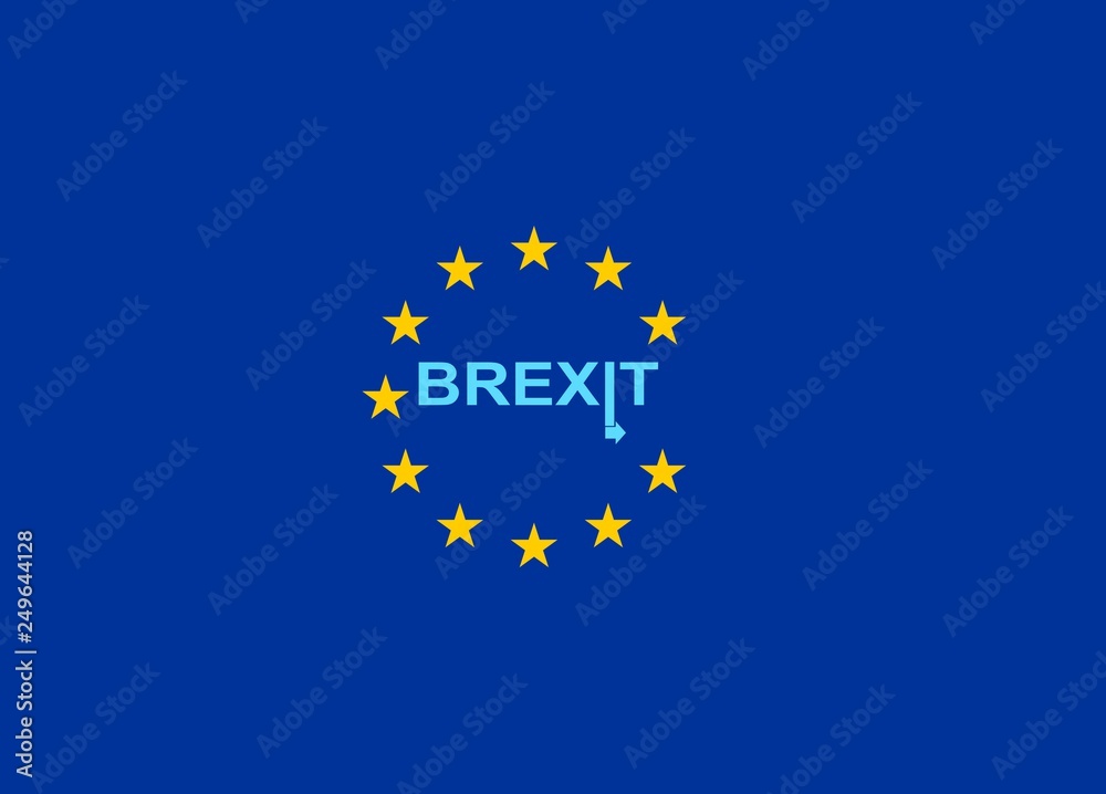 EU, UK. Illustration with blue background banner. Poster of the separation of the United Kingdom from the European Union. A BREXIT concept with a directional arrow indicating the exit. Withdrawal. EU, UK. Illustration with blue background banner. Poster of the separation of the United Kingdom from the European Union. A BREXIT concept with a directional arrow indicating the exit. Withdrawal.