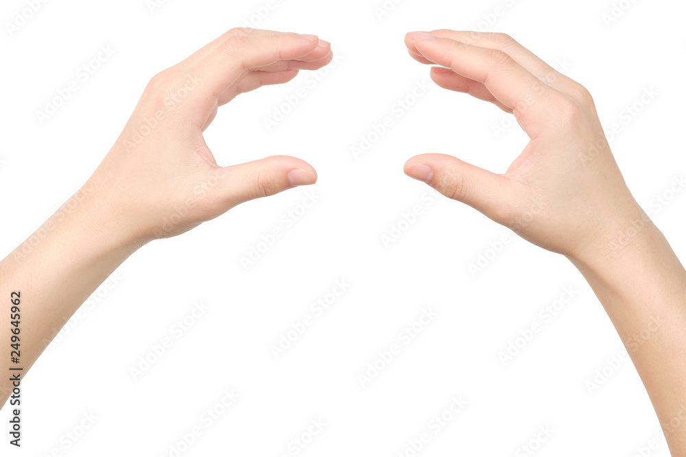 Hands gesture holding hamburger isolated with clipping path. - obrazy, fototapety, plakaty 