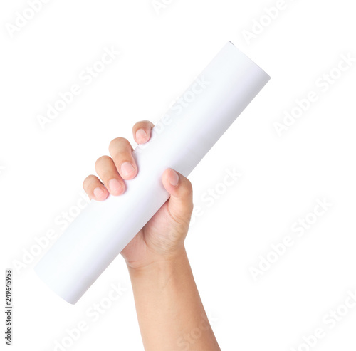 Hands gesture holding roll paper or certificate isolated with clipping path.
