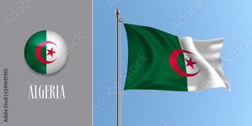 Algeria waving flag on flagpole and round icon vector illustration