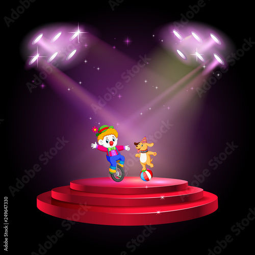 a man dressing up as a clown and dog at the stage