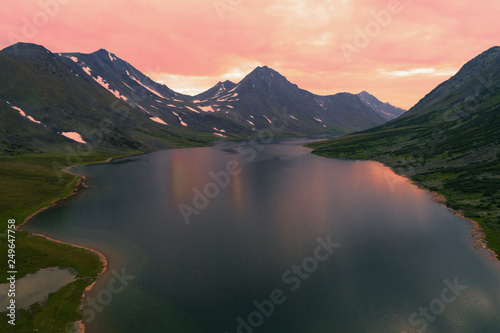 Sunset over the lake Big Hadatayoganlor (aerial survey). Polar Ural, Russia photo