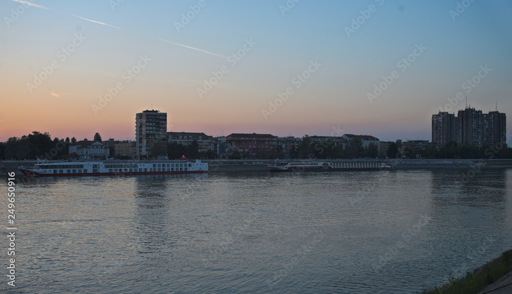 NOVI SAD, SERBIA - September 19th 2018 - View at Danube and City of Novi Sad pier with boats