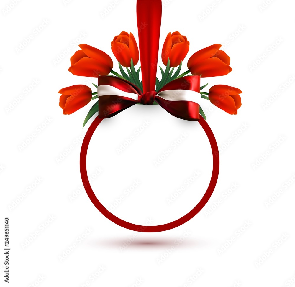 Obraz premium Vector frame banner with red realistic ribbon, bow and tulips flowers. Sale template background, label. Offer concept design. Greeting card. International Women's Day, Mother's day illustration
