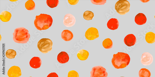 Seamless pattern with watercolour hand painted circles. Bright retro style abstract background in orange gold, red and grey color. Perfect for textile fabric, decorative paper or website wallpaper.