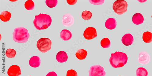 Seamless pattern with watercolour hand painted circles. Bright retro style abstract background in pink  red and grey color. Perfect for textile fabric  decorative paper or website wallpaper.