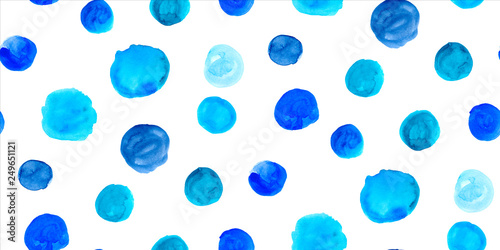 Seamless pattern with watercolour hand painted circles. Bright retro style abstract background in blue and white color. Perfect for textile fabric, decorative paper or website wallpaper.