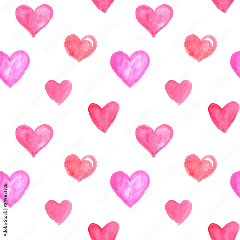 Seamless pattern with bright hand painted watercolor hearts. Romantic decorative background perfect for Valentine's day gift paper, wedding decor or fabric textile and design of romantic greetings.