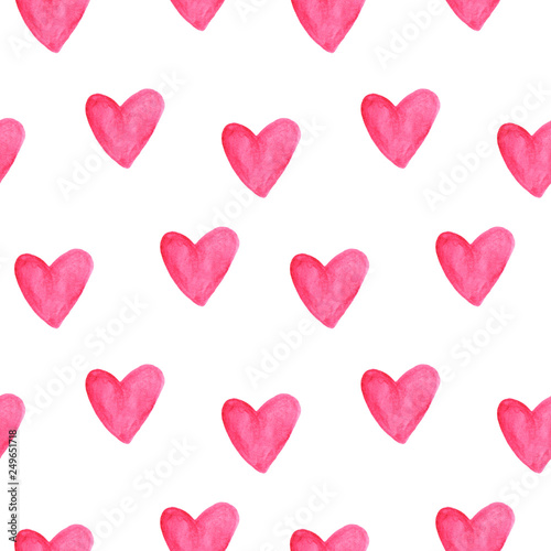 Seamless pattern with bright hand painted watercolor hearts. Romantic decorative background perfect for Valentine's day gift paper, wedding decor or fabric textile and design of romantic greetings.