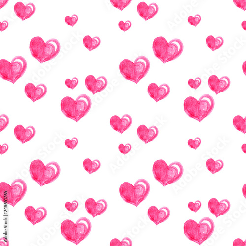 Seamless pattern with bright hand painted watercolor hearts. Romantic decorative background perfect for Valentine's day gift paper, wedding decor or fabric textile and design of romantic greetings.