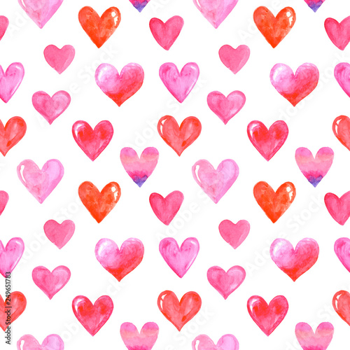 Seamless pattern with bright hand painted watercolor hearts. Romantic decorative background perfect for Valentine's day gift paper, wedding decor or fabric textile and design of romantic greetings.
