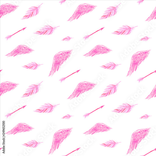 Seamless pattern with watercolour hand painted objects. Bright retro style abstract background in pink color. Perfect for textile fabric, decorative paper or website wallpaper.