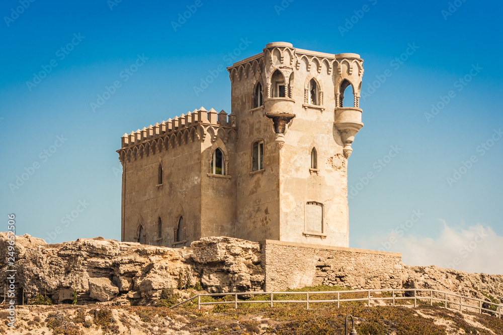 The old castle of Santa Catalina, on the beach of Tarifa. Famous spot for kite surfing in Andalusia, Spain