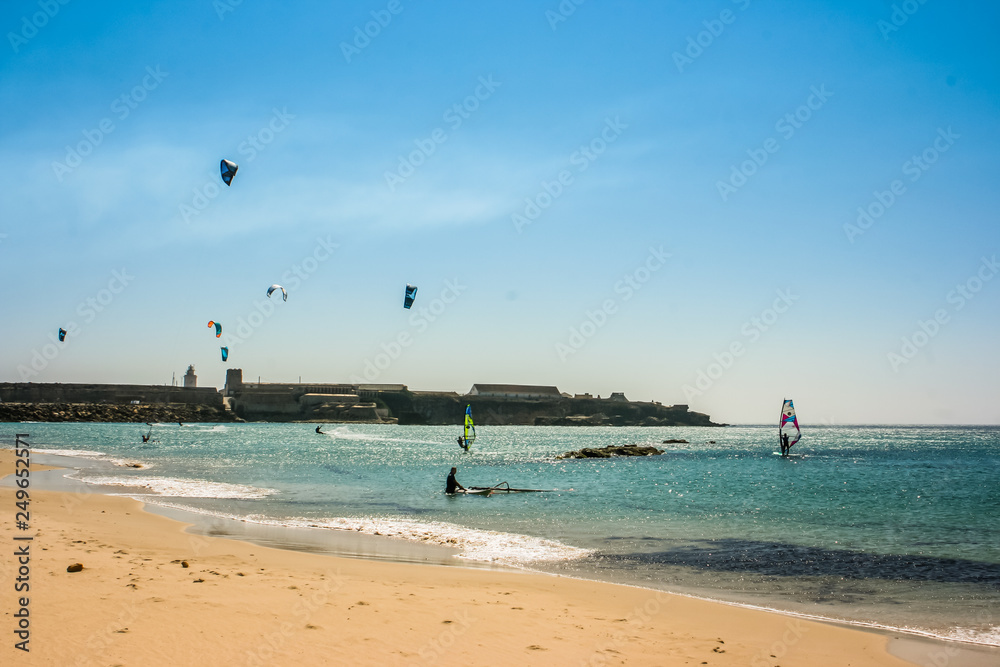 View of the beach of Tarifa (Playa de Tarifa), famous spot for kite surf in Andalusia, Spain.