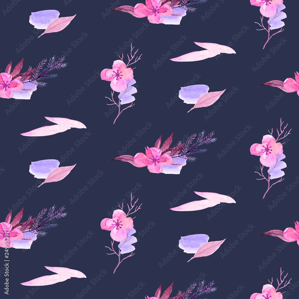 Seamless pattern with watercolour hand painted flowers, leaves, brush strokes in pink, violet and blue color. Perfect for textile fabric, decorative paper or website wallpaper, 8 march and 14 february