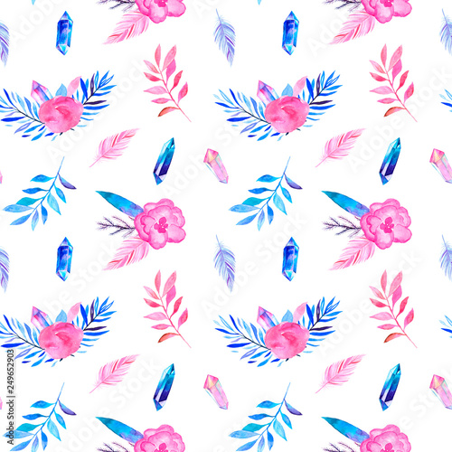 Seamless pattern with watercolour hand painted flowers, crystals, gem. Bright retro style abstract background in pink and blue color. Perfect for textile fabric, decorative paper or website wallpaper.