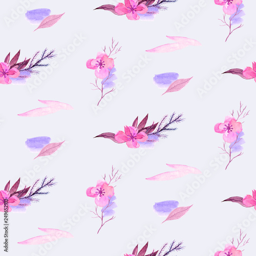 Seamless pattern with watercolour hand painted flowers, leaves, brush strokes in pink, violet and grey color. Perfect for textile fabric, decorative paper or website wallpaper, 8 march and 14 february