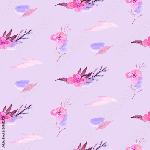 Seamless pattern with watercolour hand painted flowers, leaves, brush strokes in pink, violet color. Perfect for textile fabric, decorative paper or website wallpaper, 8 march and 14 february