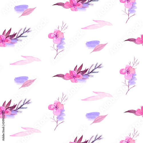 Seamless pattern with watercolour hand painted flowers, leaves, brush strokes in pink, violet, white color. Perfect for textile fabric, decorative paper or website wallpaper, 8 march and 14 february