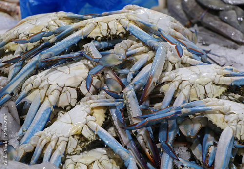 fresh blue crabs for sell in a market stall