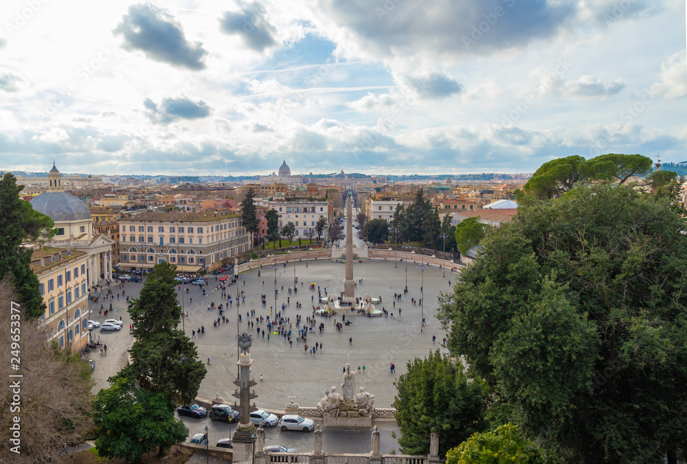 Rome (Italy) - The historic center of Rome with Villa Borghese monumental park, the monumental Lungotevere with Tiber river and Isola Tiberina island