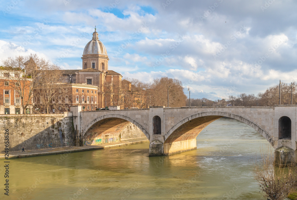 Rome (Italy) - The historic center of Rome with Villa Borghese monumental park, the monumental Lungotevere with Tiber river and Isola Tiberina island
