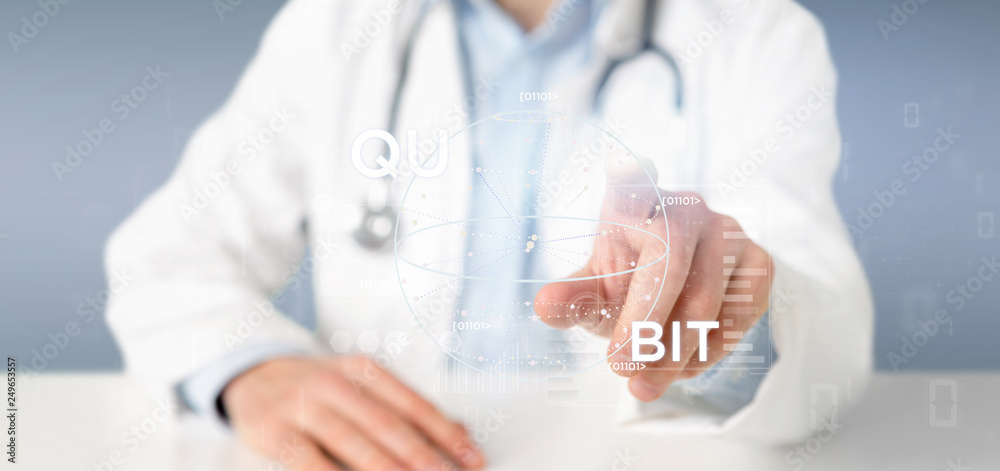 Doctor holding Quantum computing concept with qubit icon 3d rendering Doctor holding Quantum computing concept with qubit icon 3d rendering